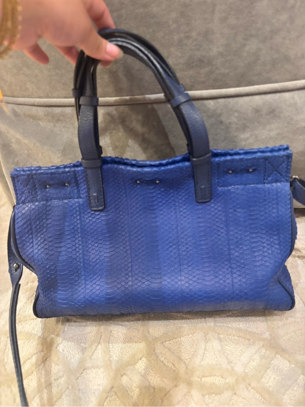 Designer snakeskin Blue Satchel Handbag - Picture 2 of 6